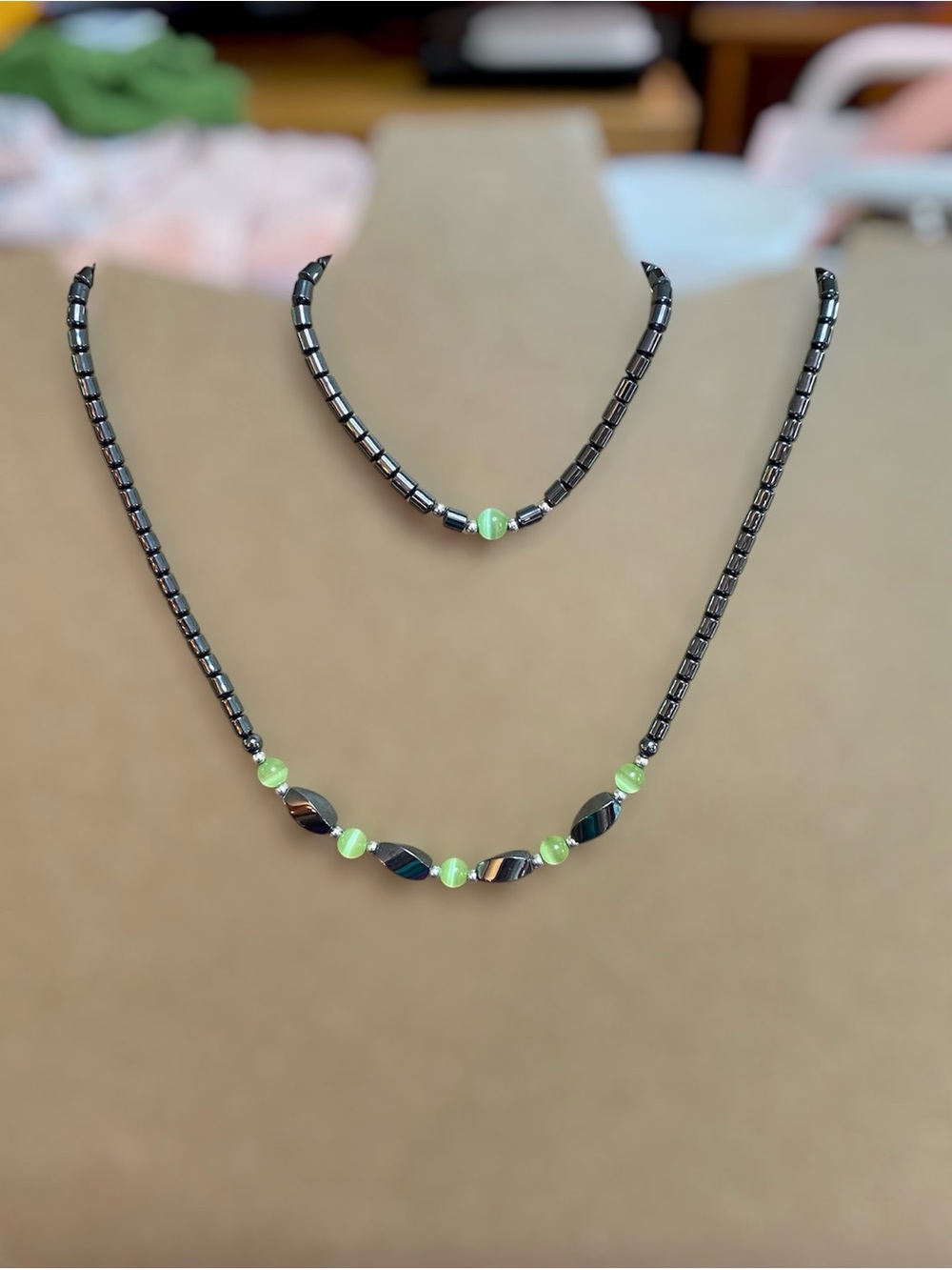 Hematite Bead Necklace Set with Lime Green Accents